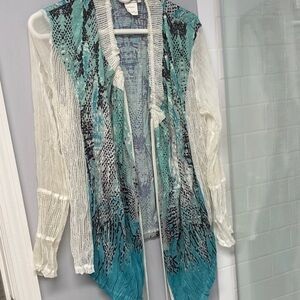 Teal and White Open Front Cardigan